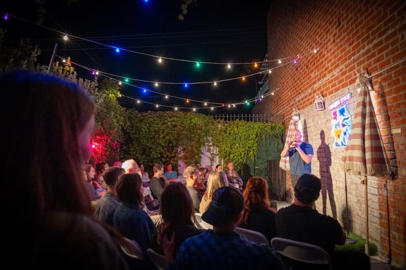 A comedian performs to a seated backyard audience under colorful string lights.